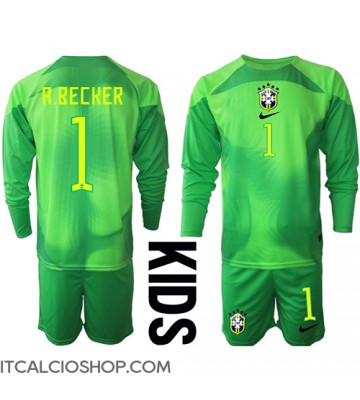 Brasile Alisson Becker #1 Portiere Seconda Maglia Bambino Mondiali 2022 Manica Lunga (+ Pantaloni corti)